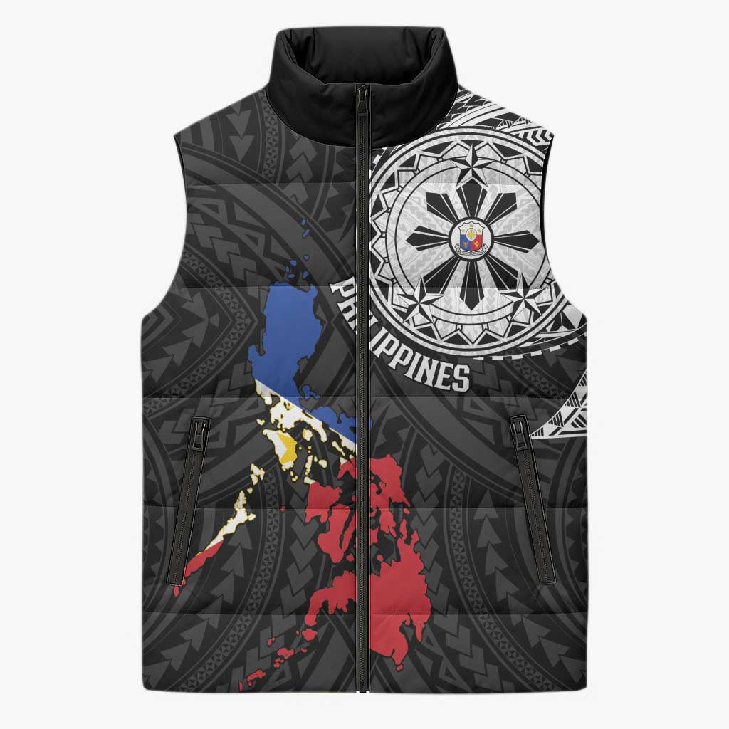 Philippines Strong Sleeveless Puffer Jacket Filipino Map Polynesian Tattoo - Polynesian Pride
