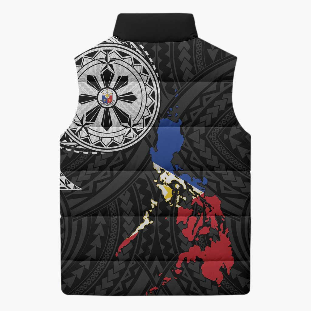 Philippines Strong Sleeveless Puffer Jacket Filipino Map Polynesian Tattoo - Polynesian Pride