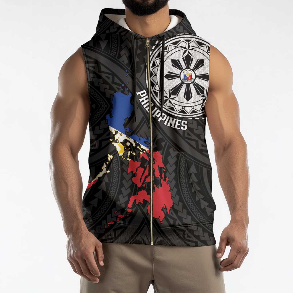 Philippines Strong Sleeveless Zip Hoodie Filipino Map Polynesian Tattoo - Polynesian Pride