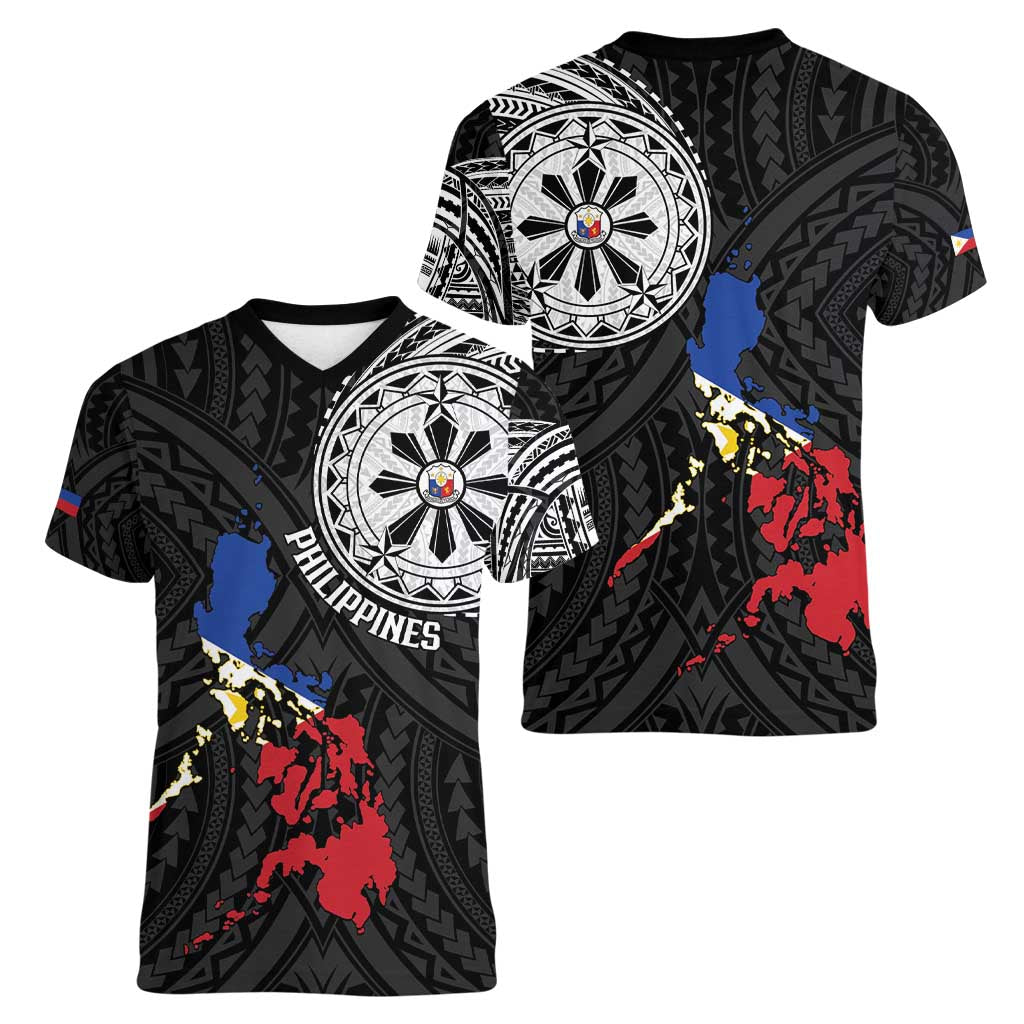 Philippines Strong Women V-Neck T-Shirt Filipino Map Polynesian Tattoo - Polynesian Pride
