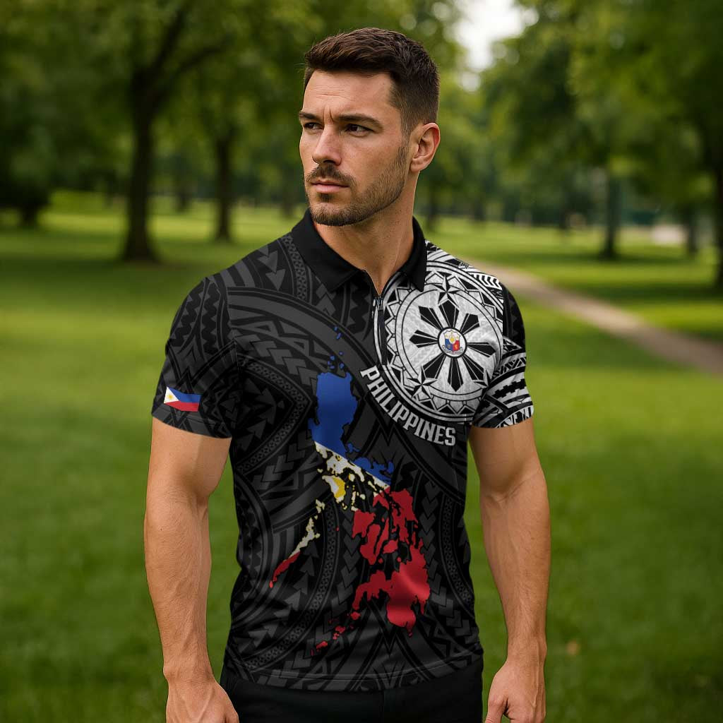 Philippines Strong Zipper Polo Shirt Filipino Map Polynesian Tattoo - Polynesian Pride