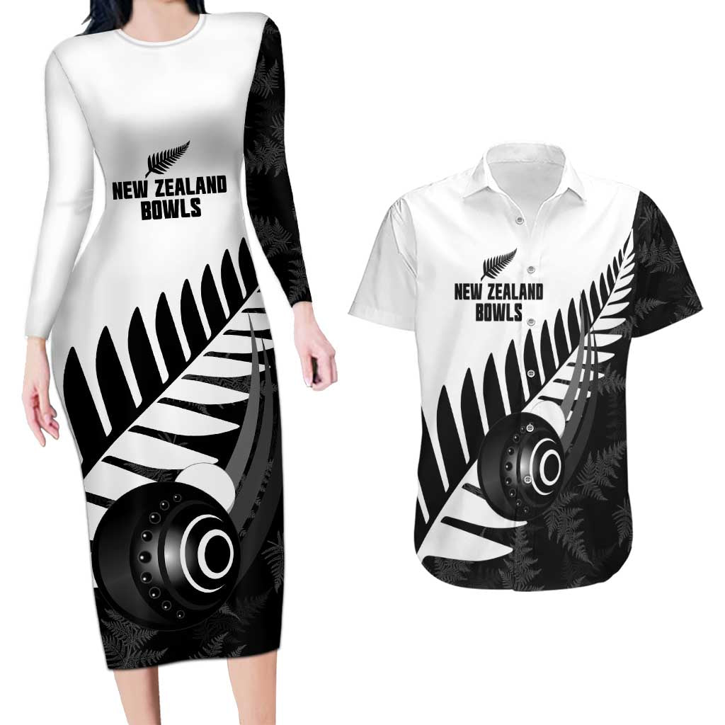 New Zealand Lawn Bowls Custom Couples Matching Long Sleeve Bodycon Dress and Hawaiian Shirt Aotearoa Silver Fern - Polynesian Pride