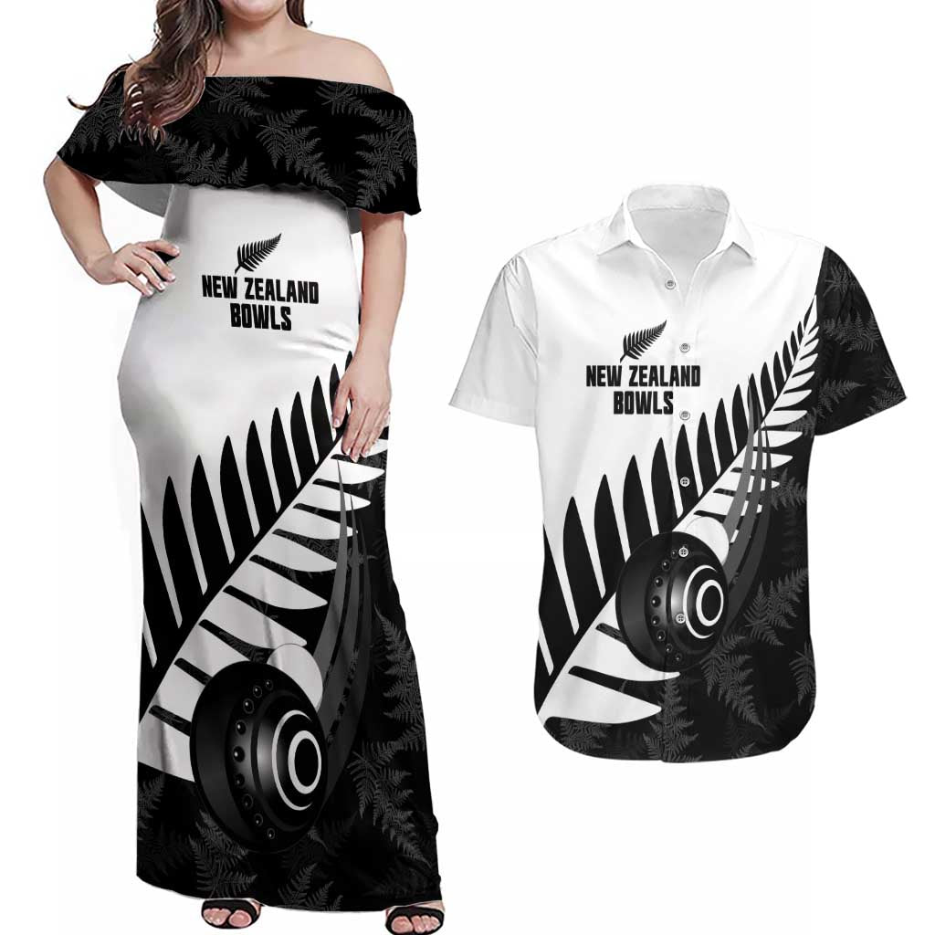 New Zealand Lawn Bowls Custom Couples Matching Off Shoulder Maxi Dress and Hawaiian Shirt Aotearoa Silver Fern - Polynesian Pride