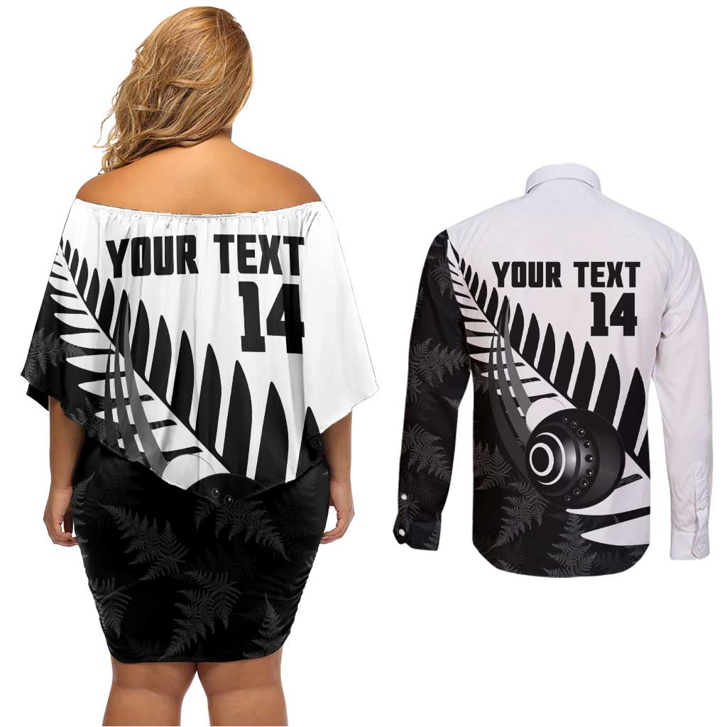 New Zealand Lawn Bowls Custom Couples Matching Off Shoulder Short Dress and Long Sleeve Button Shirt Aotearoa Silver Fern - Polynesian Pride