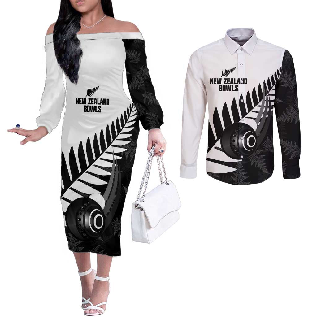 New Zealand Lawn Bowls Custom Couples Matching Off The Shoulder Long Sleeve Dress and Long Sleeve Button Shirt Aotearoa Silver Fern - Polynesian Pride