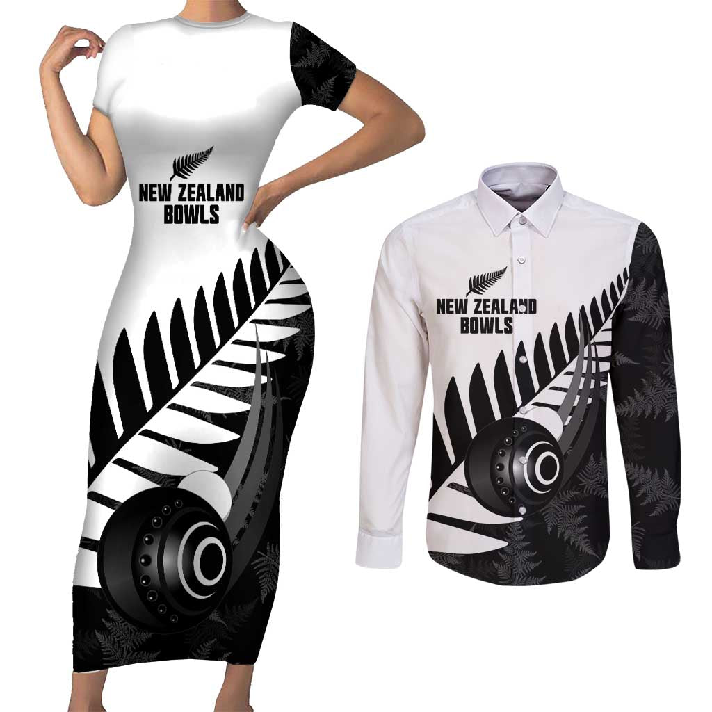 New Zealand Lawn Bowls Custom Couples Matching Short Sleeve Bodycon Dress and Long Sleeve Button Shirt Aotearoa Silver Fern - Polynesian Pride