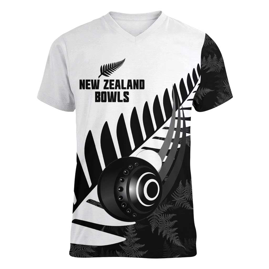 New Zealand Lawn Bowls Custom Women V-Neck T-Shirt Aotearoa Silver Fern - Polynesian Pride