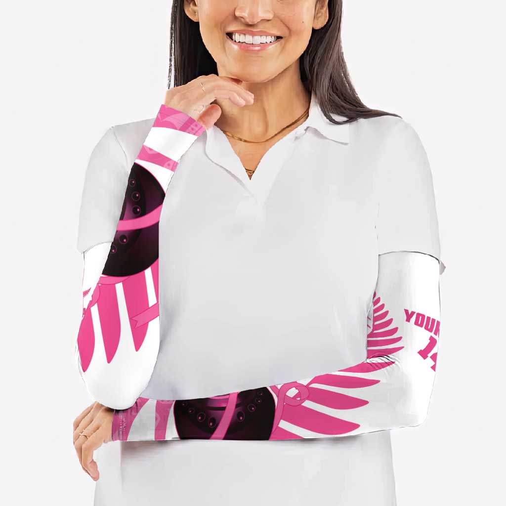 New Zealand Lawn Bowls Breast Cancer Custom Arm Sleeves Aotearoa Maori Silver Fern Pink Ribbon - Polynesian Pride