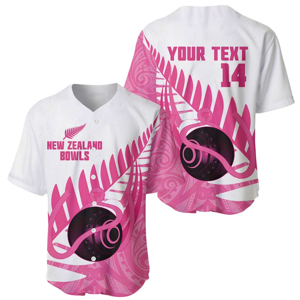 New Zealand Lawn Bowls Breast Cancer Custom Baseball Jersey Aotearoa Maori Silver Fern Pink Ribbon - Polynesian Pride