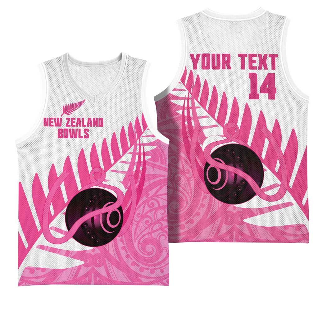 New Zealand Lawn Bowls Breast Cancer Custom Basketball Jersey Aotearoa Maori Silver Fern Pink Ribbon - Polynesian Pride
