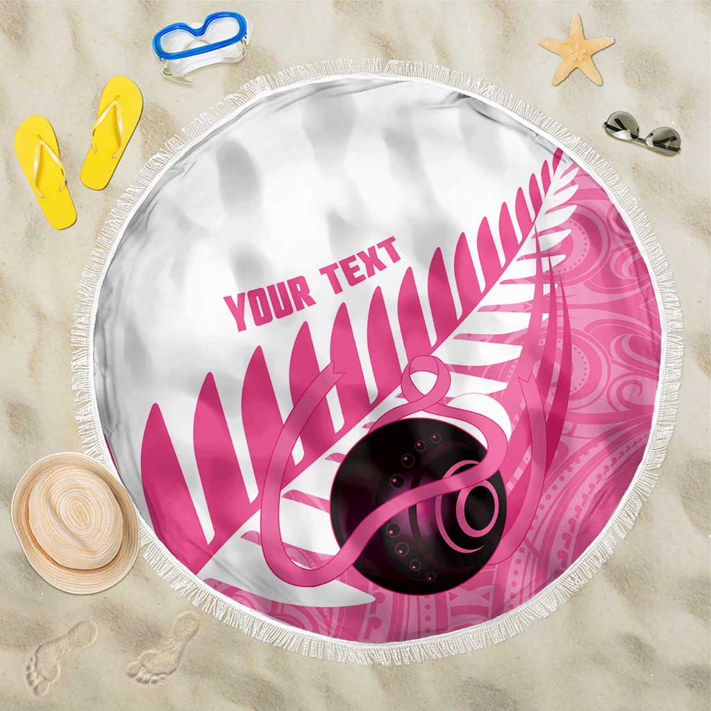 New Zealand Lawn Bowls Breast Cancer Custom Beach Blanket Aotearoa Maori Silver Fern Pink Ribbon - Polynesian Pride