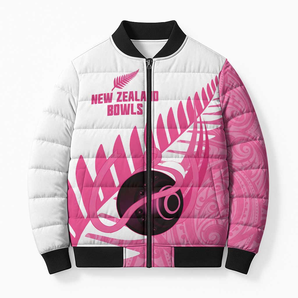 New Zealand Lawn Bowls Breast Cancer Custom Bomber Puffer Jacket Aotearoa Maori Silver Fern Pink Ribbon - Polynesian Pride