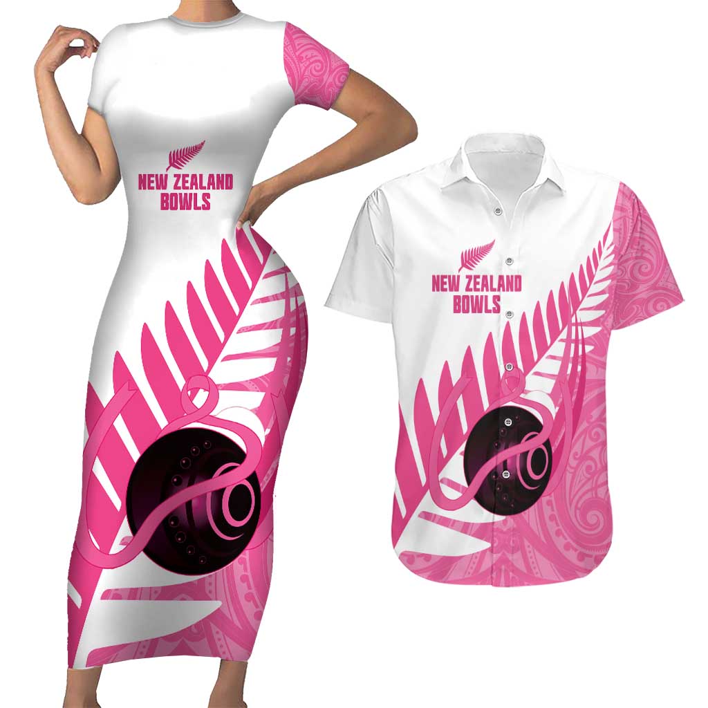 New Zealand Lawn Bowls Breast Cancer Custom Couples Matching Short Sleeve Bodycon Dress and Hawaiian Shirt Aotearoa Maori Silver Fern Pink Ribbon - Polynesian Pride