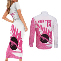 New Zealand Lawn Bowls Breast Cancer Custom Couples Matching Short Sleeve Bodycon Dress and Long Sleeve Button Shirt Aotearoa Maori Silver Fern Pink Ribbon - Polynesian Pride