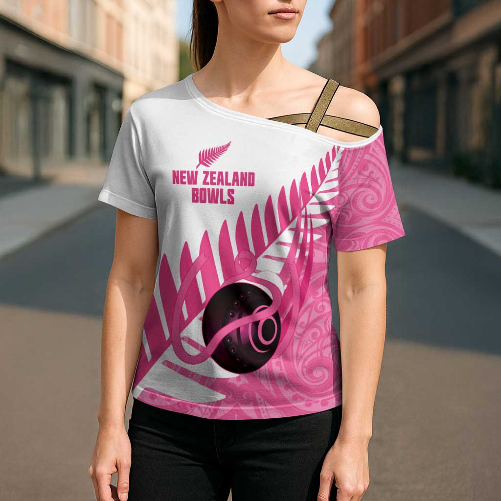 New Zealand Lawn Bowls Breast Cancer Custom Cross Shoulder Shirt Aotearoa Maori Silver Fern Pink Ribbon - Polynesian Pride