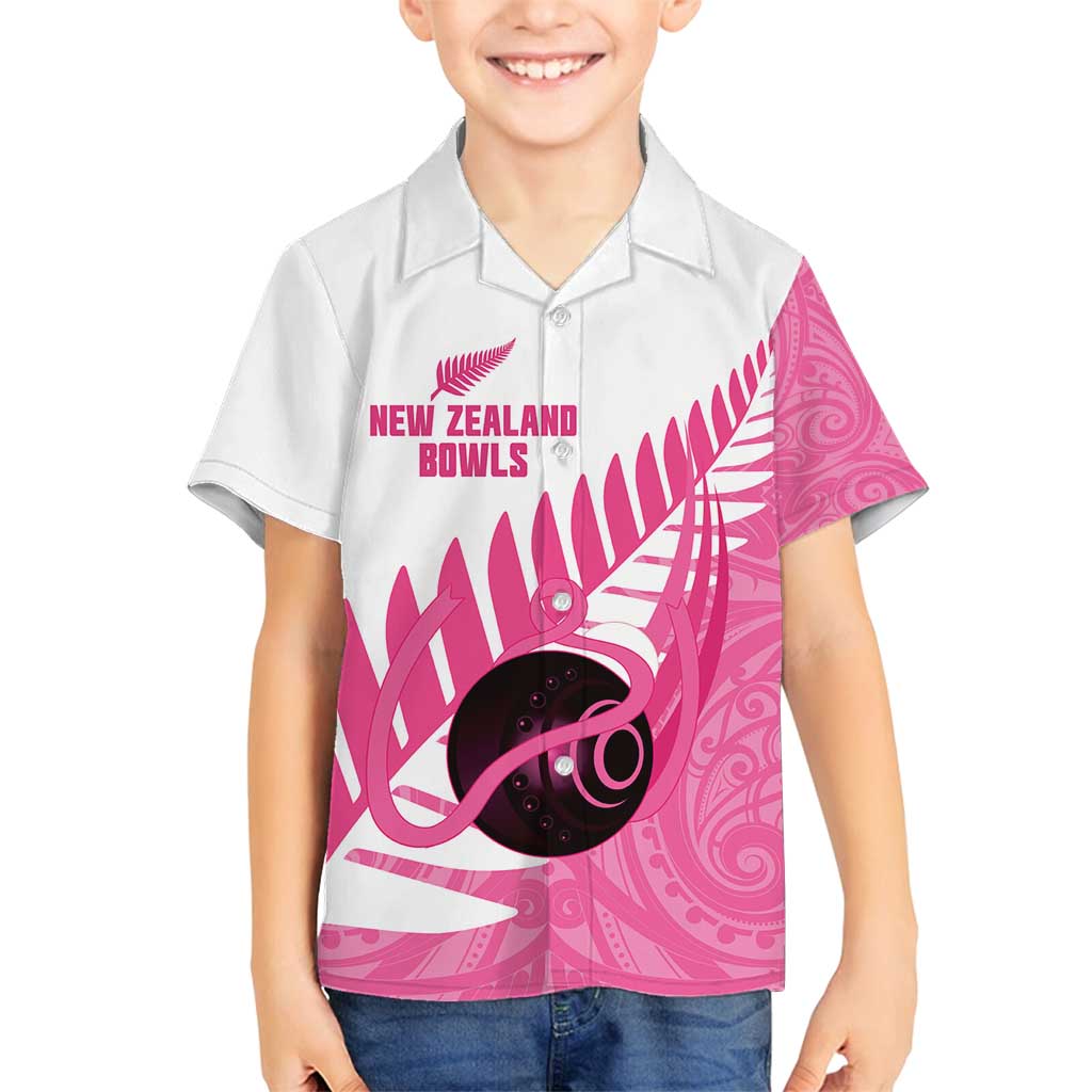 New Zealand Lawn Bowls Breast Cancer Custom Family Matching Off Shoulder Short Dress and Hawaiian Shirt Aotearoa Maori Silver Fern Pink Ribbon - Polynesian Pride