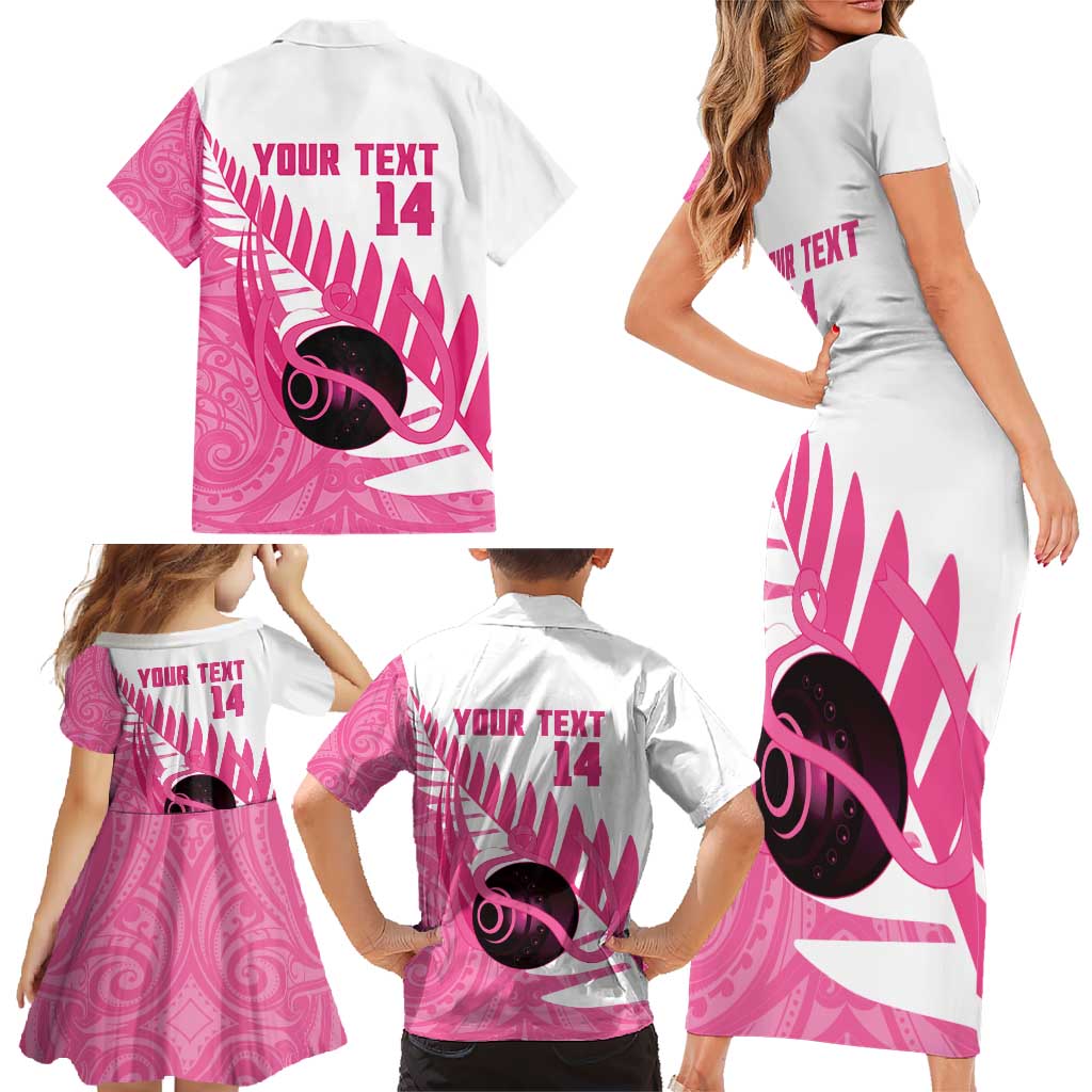 New Zealand Lawn Bowls Breast Cancer Custom Family Matching Short Sleeve Bodycon Dress and Hawaiian Shirt Aotearoa Maori Silver Fern Pink Ribbon - Polynesian Pride