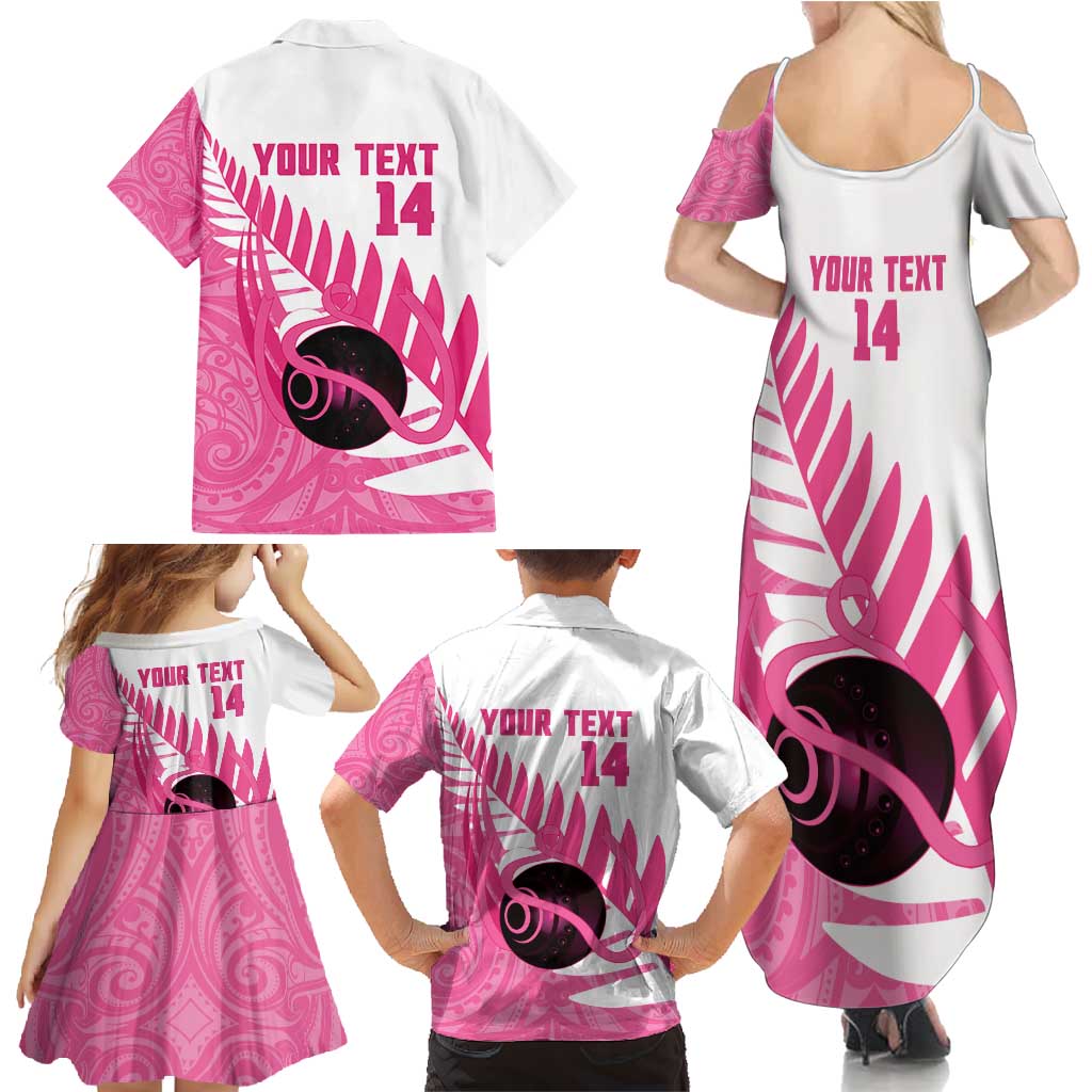 New Zealand Lawn Bowls Breast Cancer Custom Family Matching Summer Maxi Dress and Hawaiian Shirt Aotearoa Maori Silver Fern Pink Ribbon - Polynesian Pride