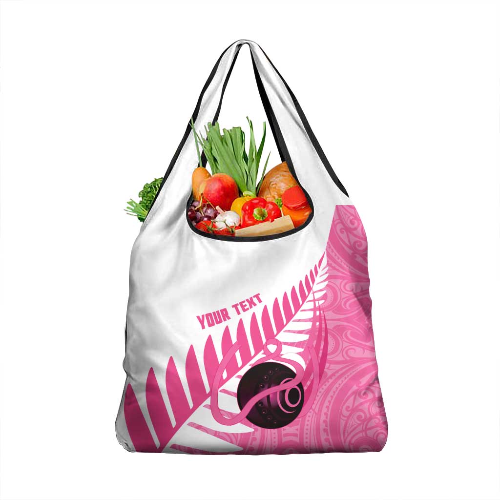 New Zealand Lawn Bowls Breast Cancer Custom Grocery Bag Aotearoa Maori Silver Fern Pink Ribbon - Polynesian Pride