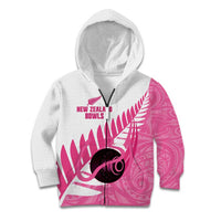 New Zealand Lawn Bowls Breast Cancer Custom Kid Hoodie Aotearoa Maori Silver Fern Pink Ribbon - Polynesian Pride