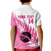 New Zealand Lawn Bowls Breast Cancer Custom Kid Polo Shirt Aotearoa Maori Silver Fern Pink Ribbon - Polynesian Pride