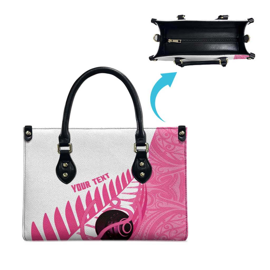 New Zealand Lawn Bowls Breast Cancer Custom Leather Bag Aotearoa Maori Silver Fern Pink Ribbon - Polynesian Pride