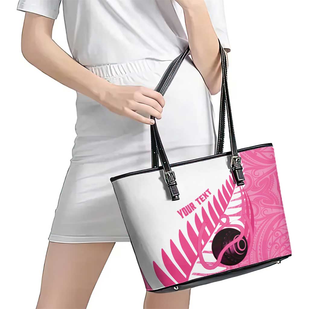 New Zealand Lawn Bowls Breast Cancer Custom Leather Tote Bag Aotearoa Maori Silver Fern Pink Ribbon - Polynesian Pride
