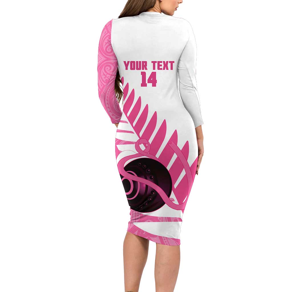 New Zealand Lawn Bowls Breast Cancer Custom Long Sleeve Bodycon Dress Aotearoa Maori Silver Fern Pink Ribbon - Polynesian Pride
