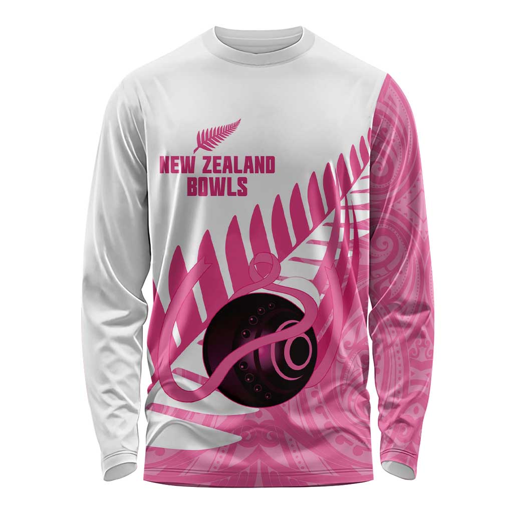 New Zealand Lawn Bowls Breast Cancer Custom Long Sleeve Shirt Aotearoa Maori Silver Fern Pink Ribbon - Polynesian Pride