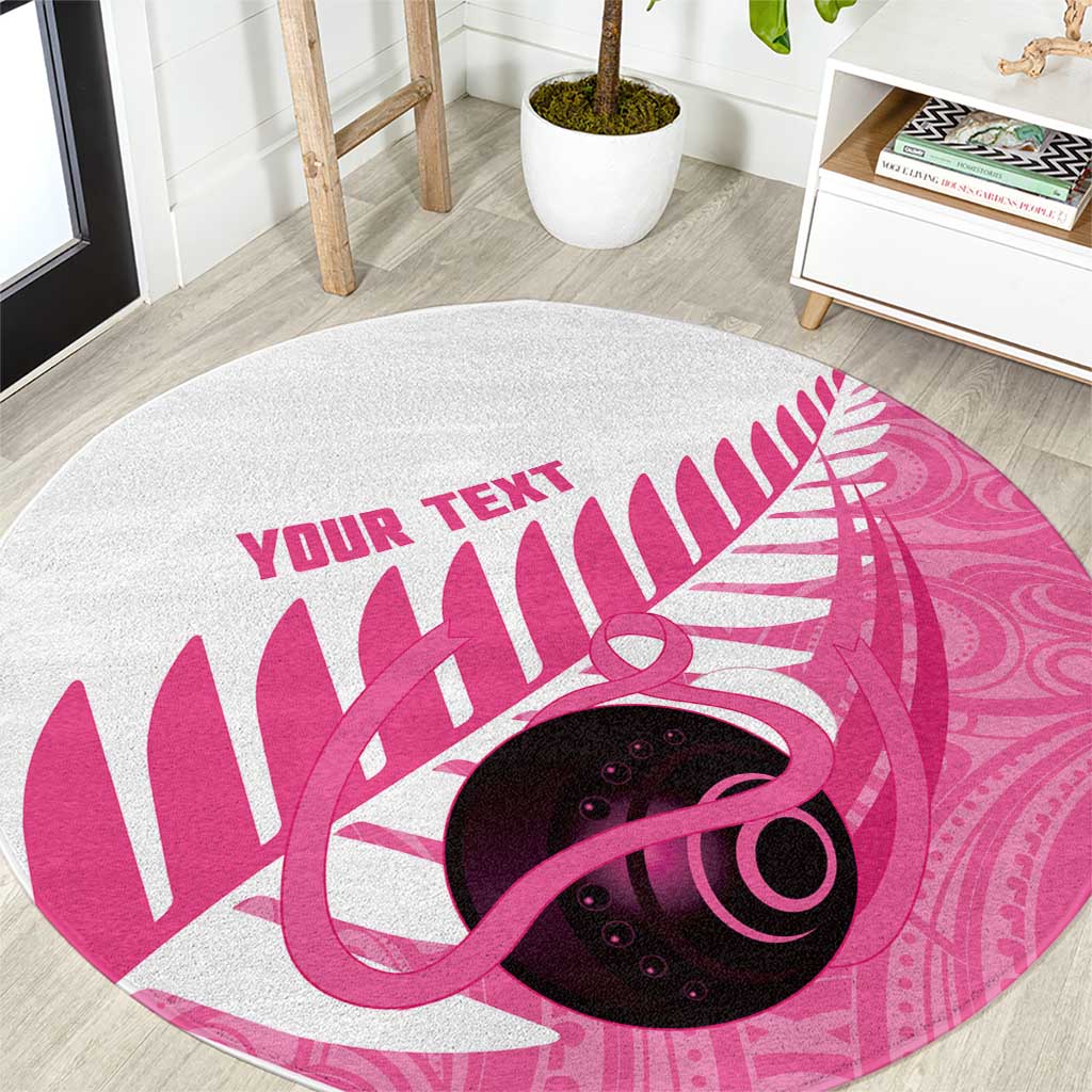 New Zealand Lawn Bowls Breast Cancer Custom Round Carpet Aotearoa Maori Silver Fern Pink Ribbon - Polynesian Pride