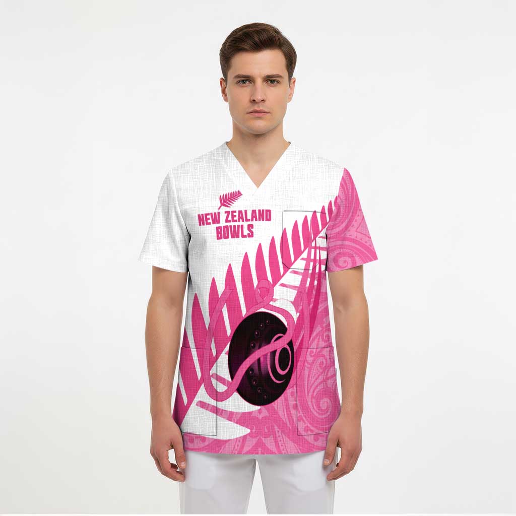 New Zealand Lawn Bowls Breast Cancer Custom Scrub Top Aotearoa Maori Silver Fern Pink Ribbon - Polynesian Pride