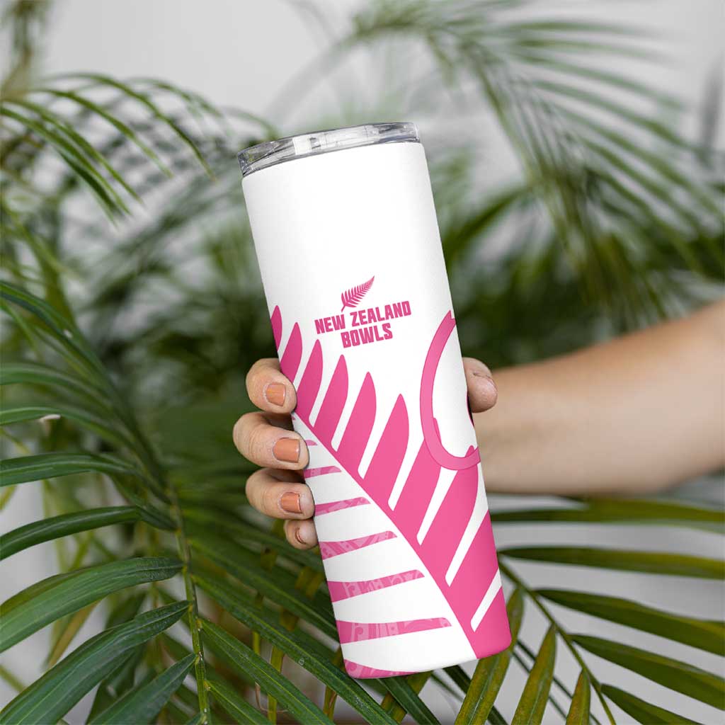 New Zealand Lawn Bowls Breast Cancer Custom Skinny Tumbler Aotearoa Maori Silver Fern Pink Ribbon - Polynesian Pride