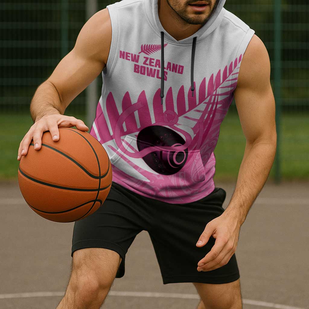 New Zealand Lawn Bowls Breast Cancer Custom Sleeveless Hoodie Aotearoa Maori Silver Fern Pink Ribbon - Polynesian Pride