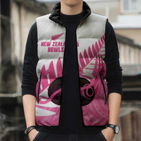 New Zealand Lawn Bowls Breast Cancer Custom Sleeveless Puffer Jacket Aotearoa Maori Silver Fern Pink Ribbon - Polynesian Pride