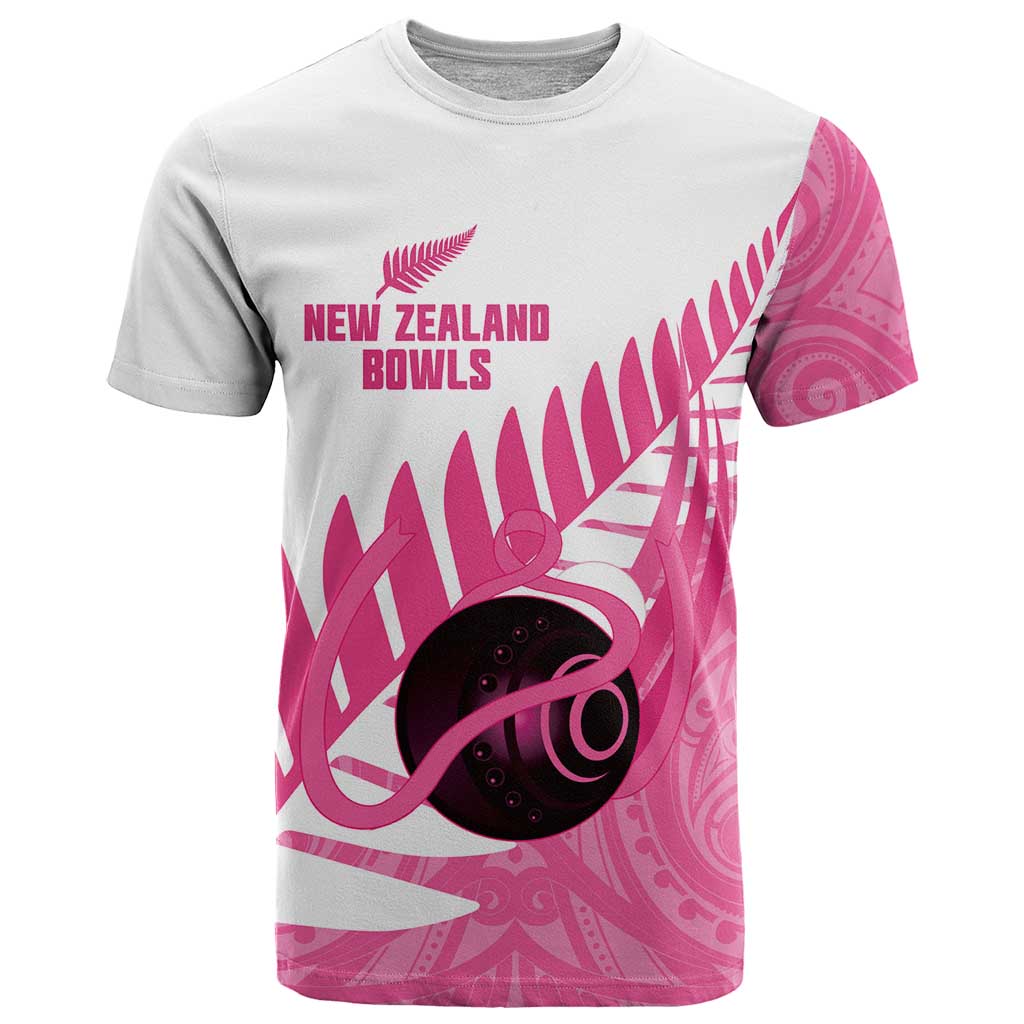 New Zealand Lawn Bowls Breast Cancer Custom T Shirt Aotearoa Maori Silver Fern Pink Ribbon - Polynesian Pride
