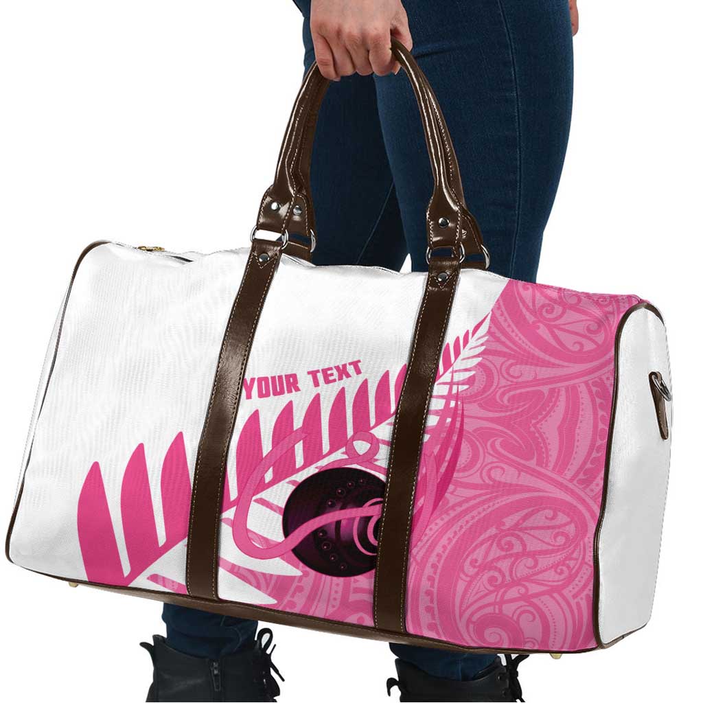 New Zealand Lawn Bowls Breast Cancer Custom Travel Bag Aotearoa Maori Silver Fern Pink Ribbon - Polynesian Pride