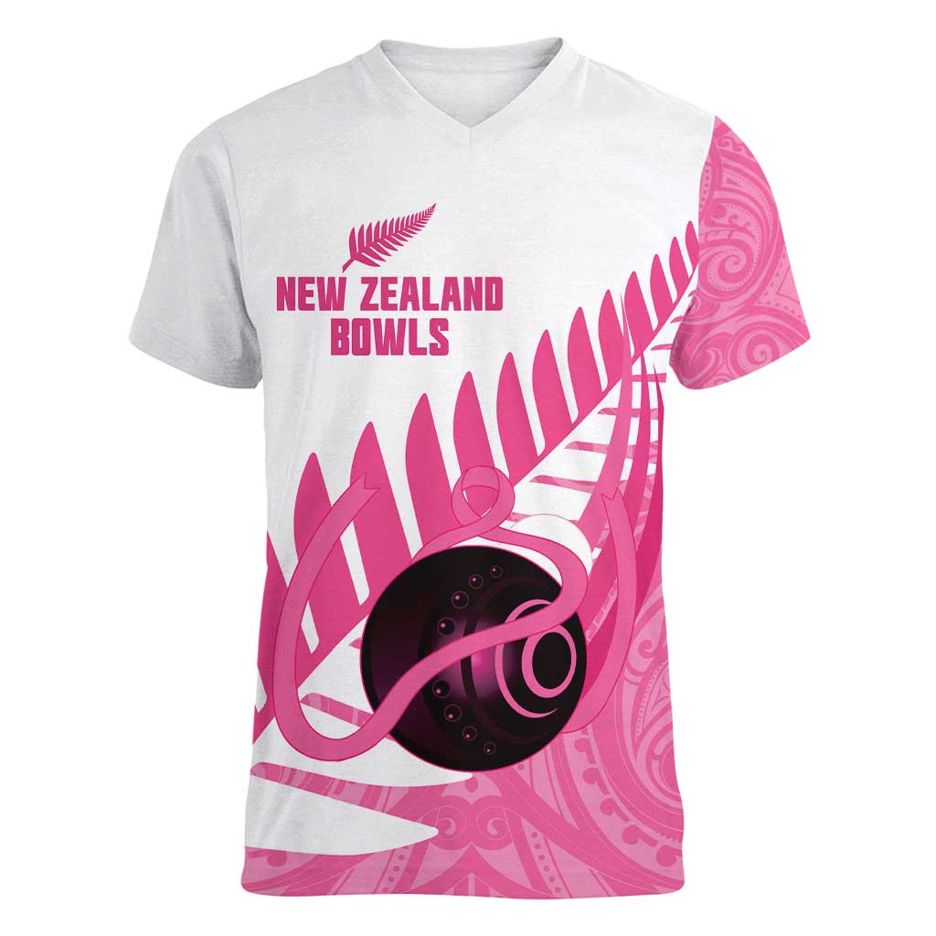 New Zealand Lawn Bowls Breast Cancer Custom Women V-Neck T-Shirt Aotearoa Maori Silver Fern Pink Ribbon - Polynesian Pride