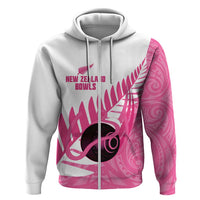 New Zealand Lawn Bowls Breast Cancer Custom Zip Hoodie Aotearoa Maori Silver Fern Pink Ribbon - Polynesian Pride
