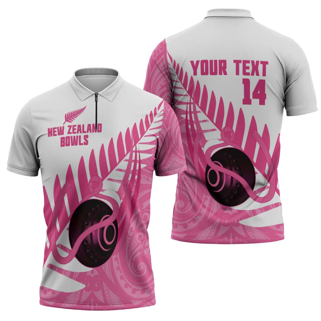 New Zealand Lawn Bowls Breast Cancer Custom Zipper Polo Shirt Aotearoa Maori Silver Fern Pink Ribbon - Polynesian Pride