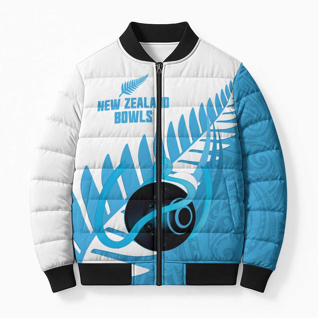 New Zealand Lawn Bowls Prostate Cancer Custom Bomber Puffer Jacket Aotearoa Maori Silver Fern Blue Ribbon - Polynesian Pride