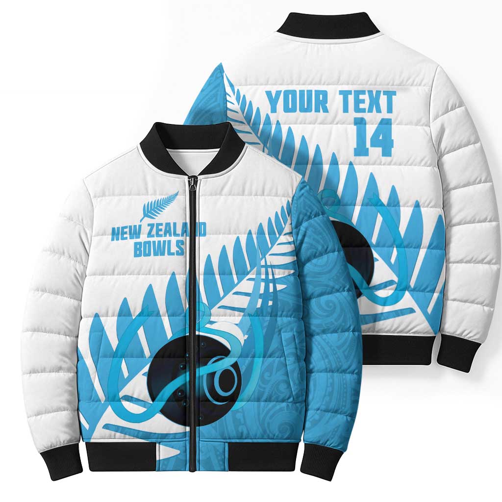 New Zealand Lawn Bowls Prostate Cancer Custom Bomber Puffer Jacket Aotearoa Maori Silver Fern Blue Ribbon - Polynesian Pride