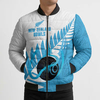 New Zealand Lawn Bowls Prostate Cancer Custom Bomber Puffer Jacket Aotearoa Maori Silver Fern Blue Ribbon - Polynesian Pride