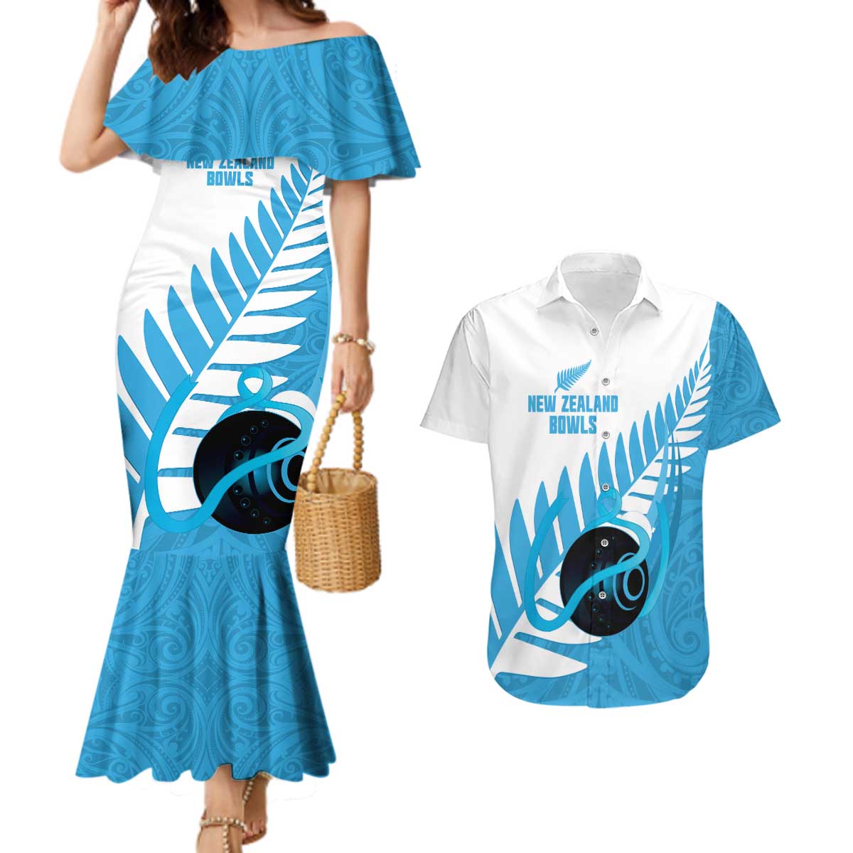 New Zealand Lawn Bowls Prostate Cancer Custom Couples Matching Mermaid Dress and Hawaiian Shirt Aotearoa Maori Silver Fern Blue Ribbon - Polynesian Pride