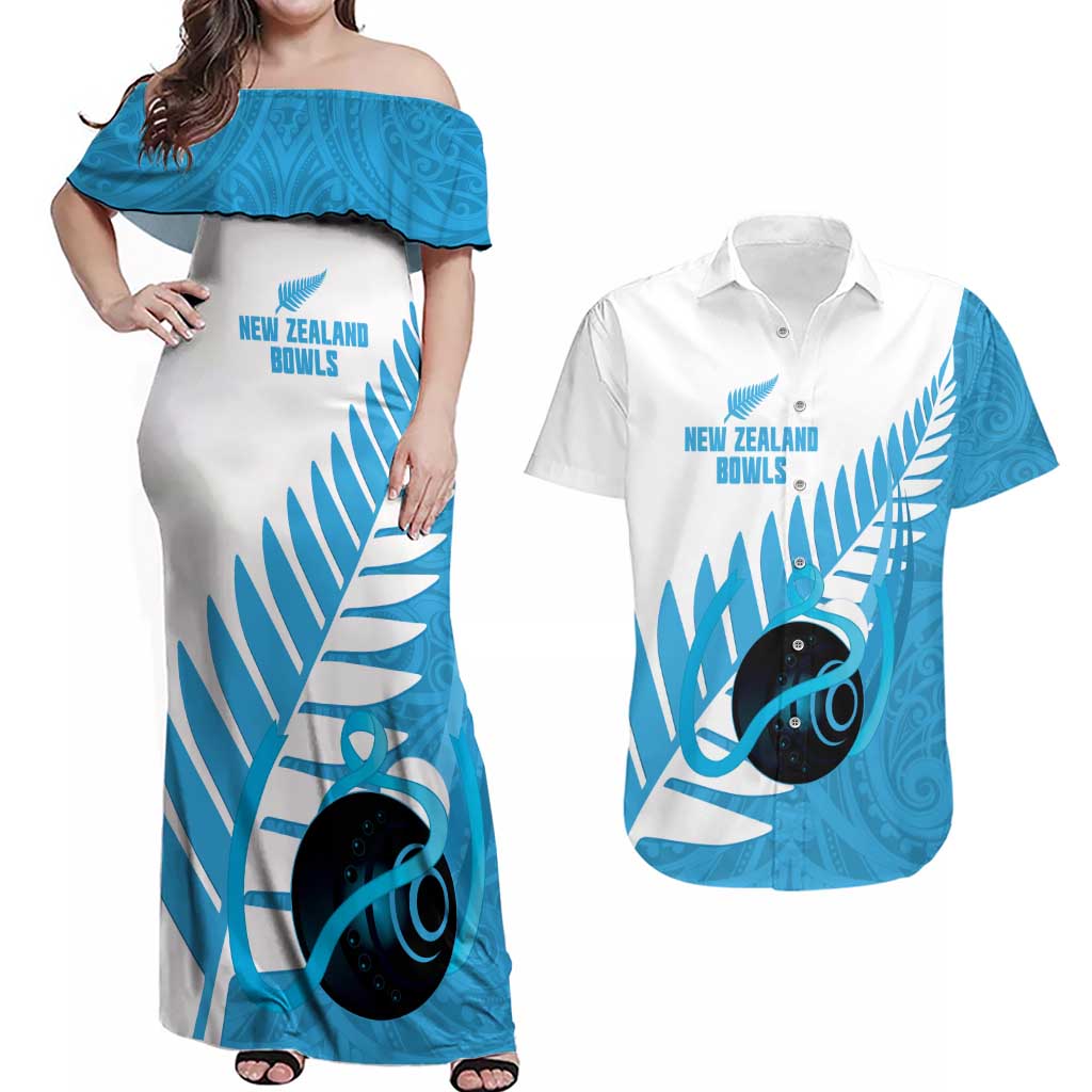 New Zealand Lawn Bowls Prostate Cancer Custom Couples Matching Off Shoulder Maxi Dress and Hawaiian Shirt Aotearoa Maori Silver Fern Blue Ribbon - Polynesian Pride