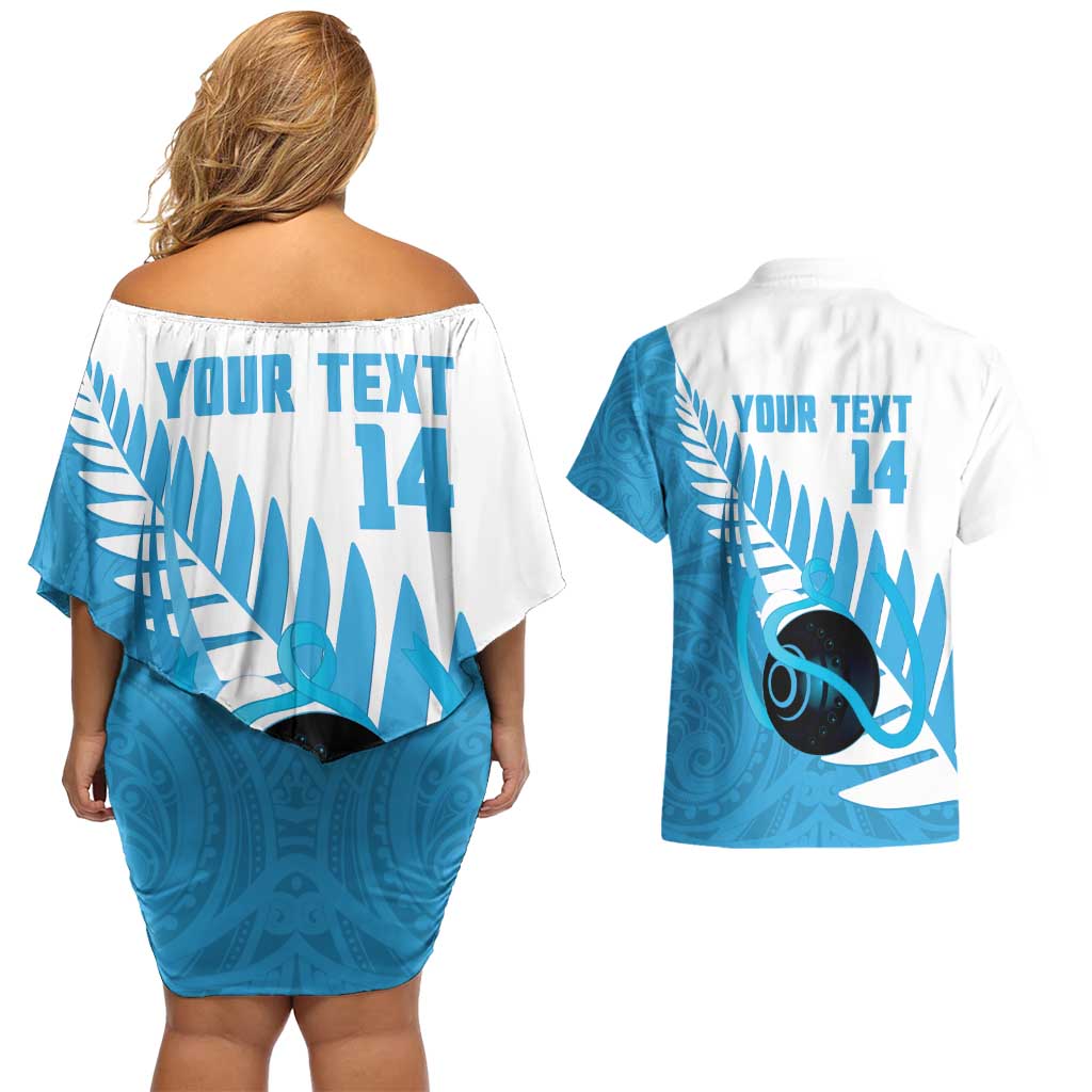 New Zealand Lawn Bowls Prostate Cancer Custom Couples Matching Off Shoulder Short Dress and Hawaiian Shirt Aotearoa Maori Silver Fern Blue Ribbon - Polynesian Pride