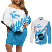 New Zealand Lawn Bowls Prostate Cancer Custom Couples Matching Off Shoulder Short Dress and Long Sleeve Button Shirt Aotearoa Maori Silver Fern Blue Ribbon - Polynesian Pride