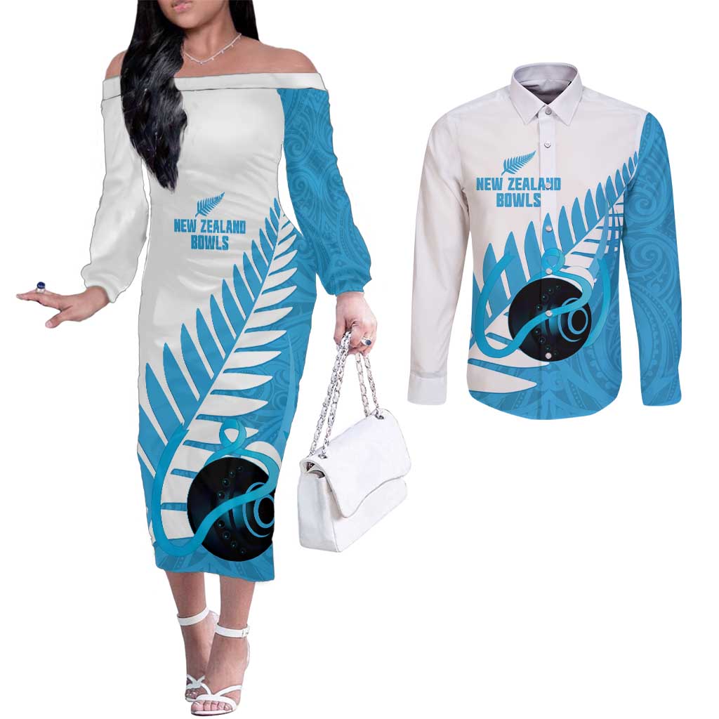 New Zealand Lawn Bowls Prostate Cancer Custom Couples Matching Off The Shoulder Long Sleeve Dress and Long Sleeve Button Shirt Aotearoa Maori Silver Fern Blue Ribbon - Polynesian Pride
