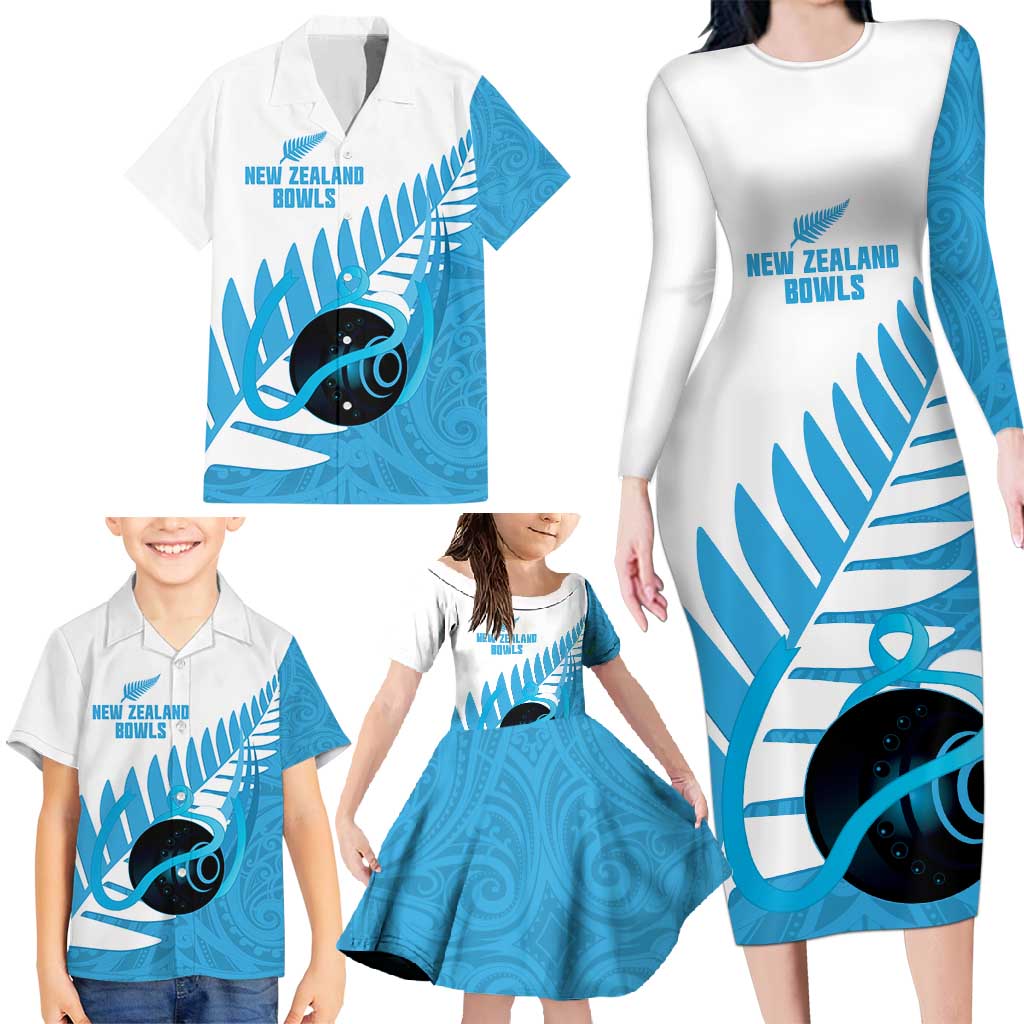 New Zealand Lawn Bowls Prostate Cancer Custom Family Matching Long Sleeve Bodycon Dress and Hawaiian Shirt Aotearoa Maori Silver Fern Blue Ribbon - Polynesian Pride