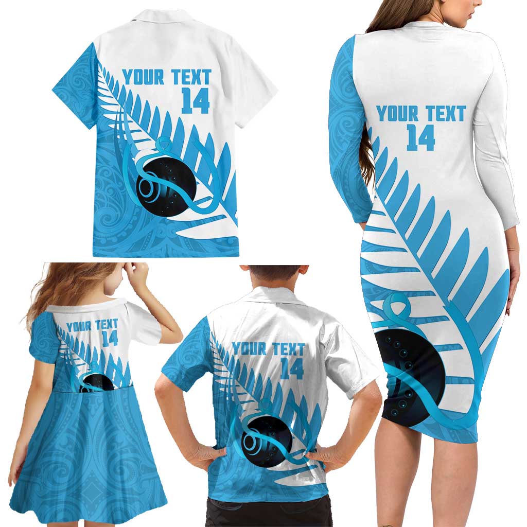 New Zealand Lawn Bowls Prostate Cancer Custom Family Matching Long Sleeve Bodycon Dress and Hawaiian Shirt Aotearoa Maori Silver Fern Blue Ribbon - Polynesian Pride