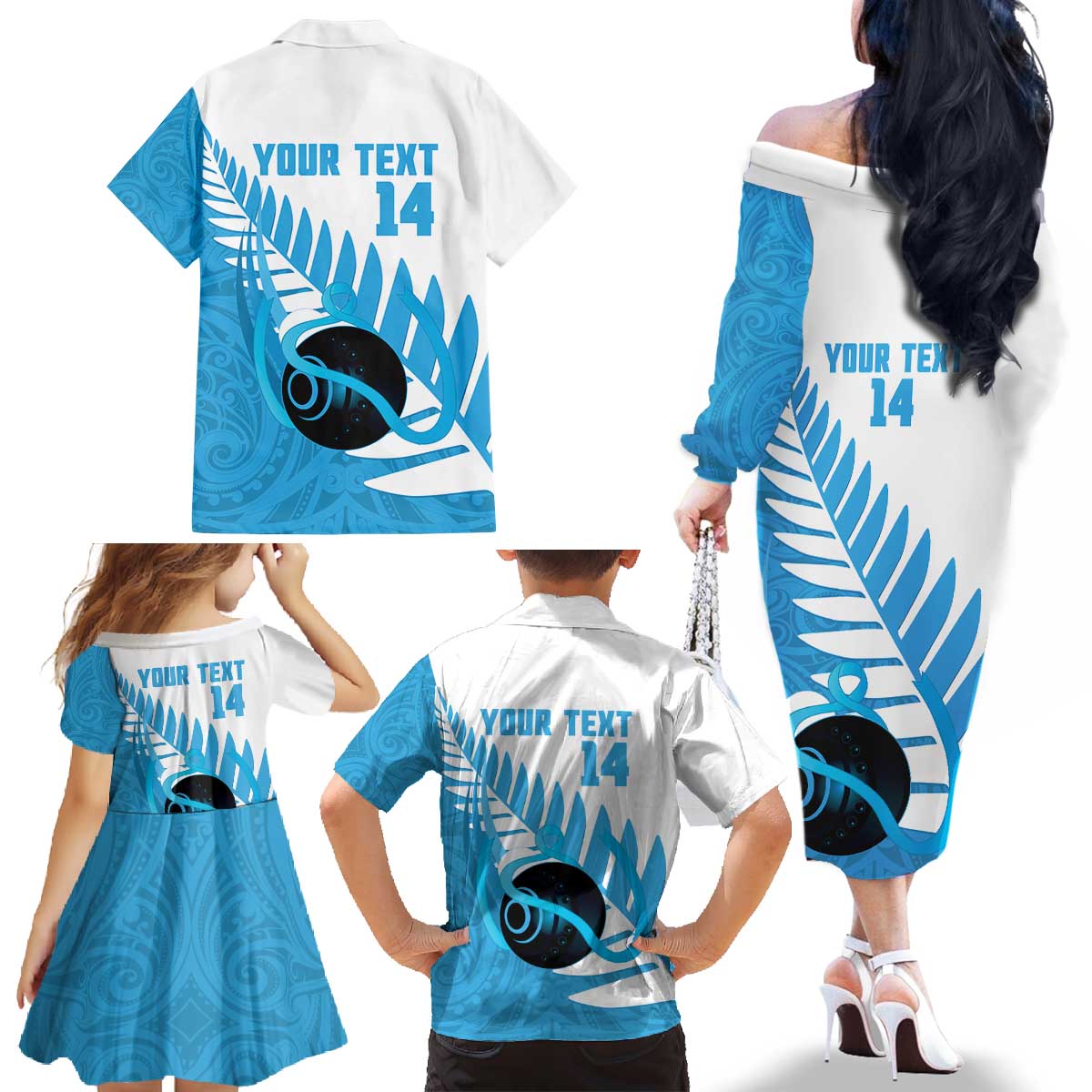 New Zealand Lawn Bowls Prostate Cancer Custom Family Matching Off The Shoulder Long Sleeve Dress and Hawaiian Shirt Aotearoa Maori Silver Fern Blue Ribbon - Polynesian Pride